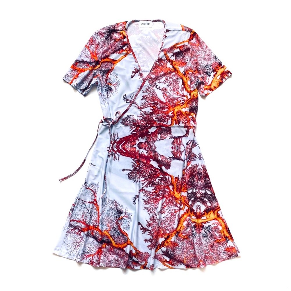 Zoebe Sea Fan Coral Wrap Dress red orange on white
